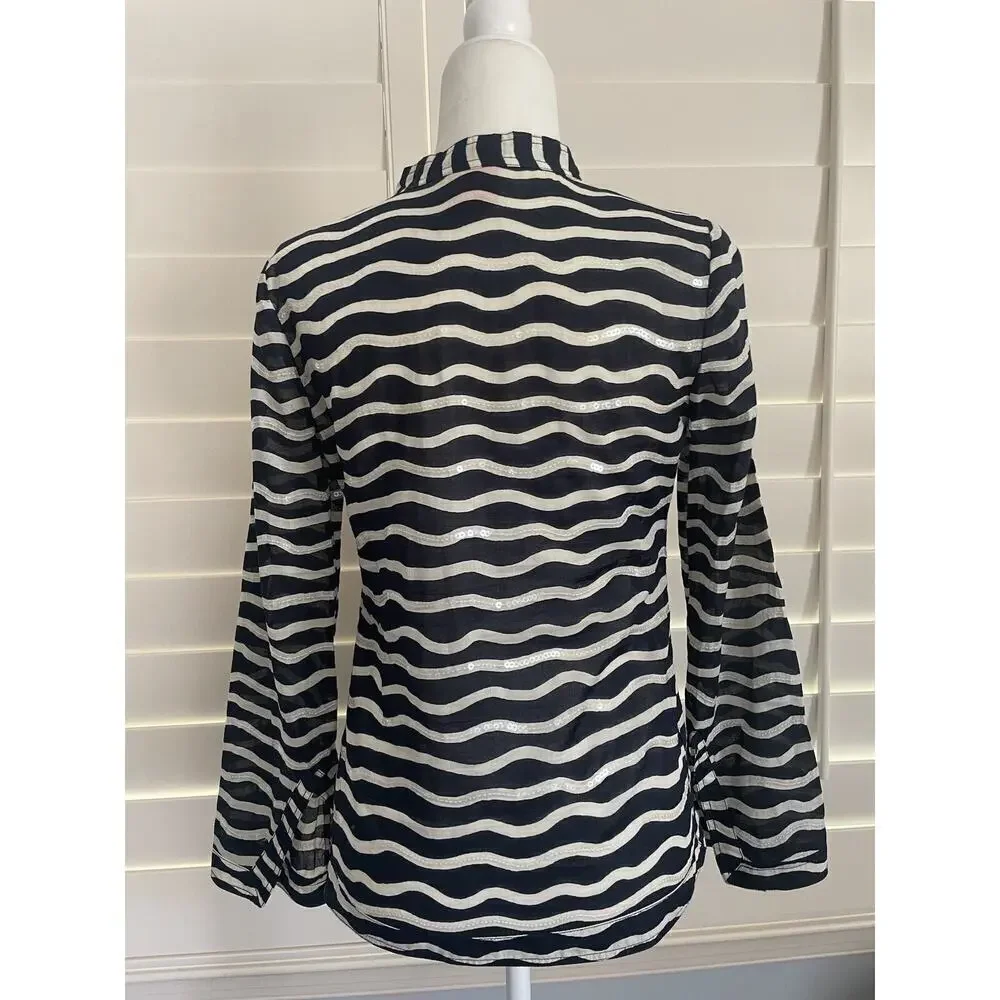 Tory Burch Sequined Tunic Top Navy White Striped Long Sleeve Blouse Popover 2 XS